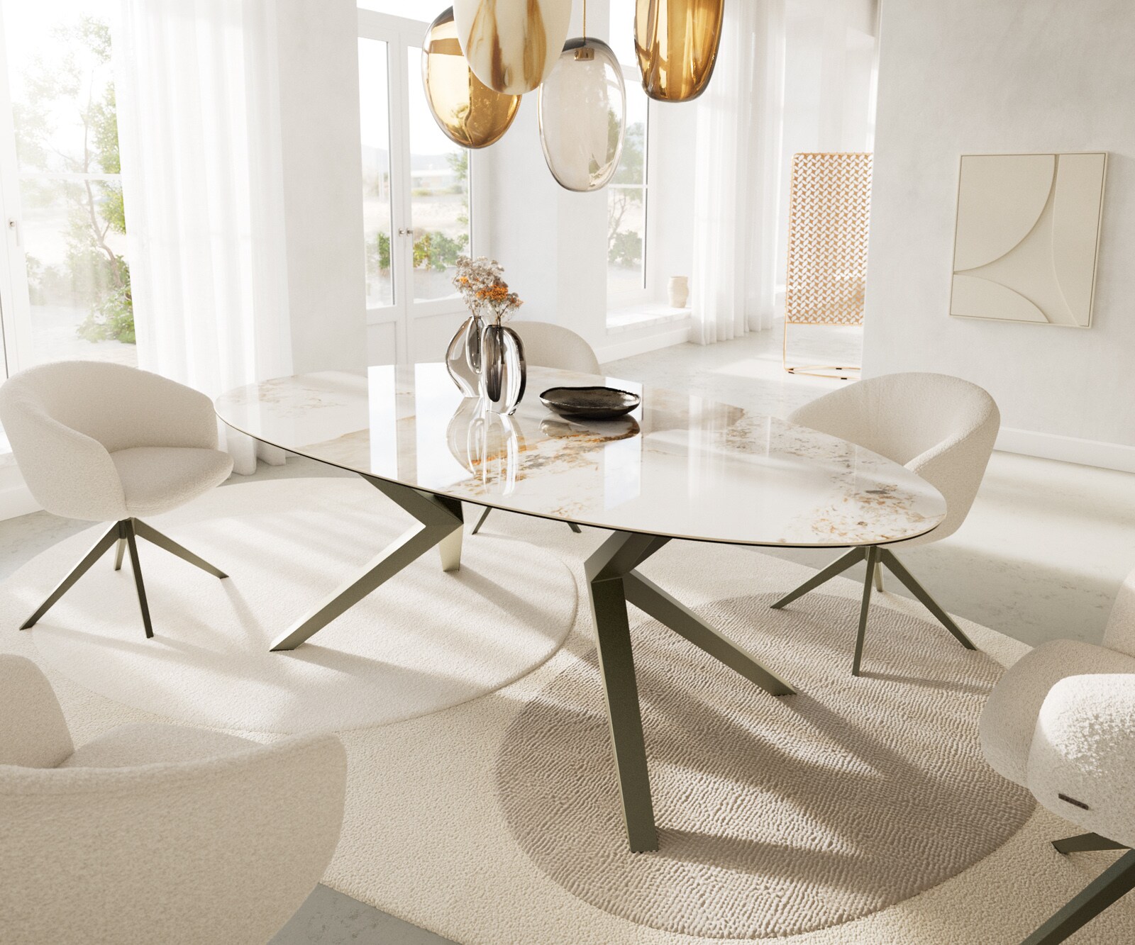 Eetkamertafel Edge ovaal 220x120 keramiek Minas Melange wit-Beige Zenthara hoekig metaal effectafwerking titaan 1