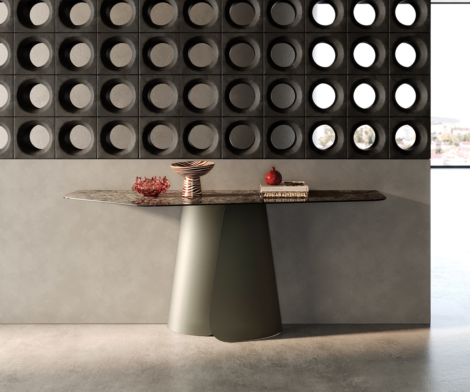 Consoletafel Edge Polygonaal 180x50 cm Keramiek Emperador Extra Lucidato Dunkelbraun Livos Metaal Effektfinish Titan 4