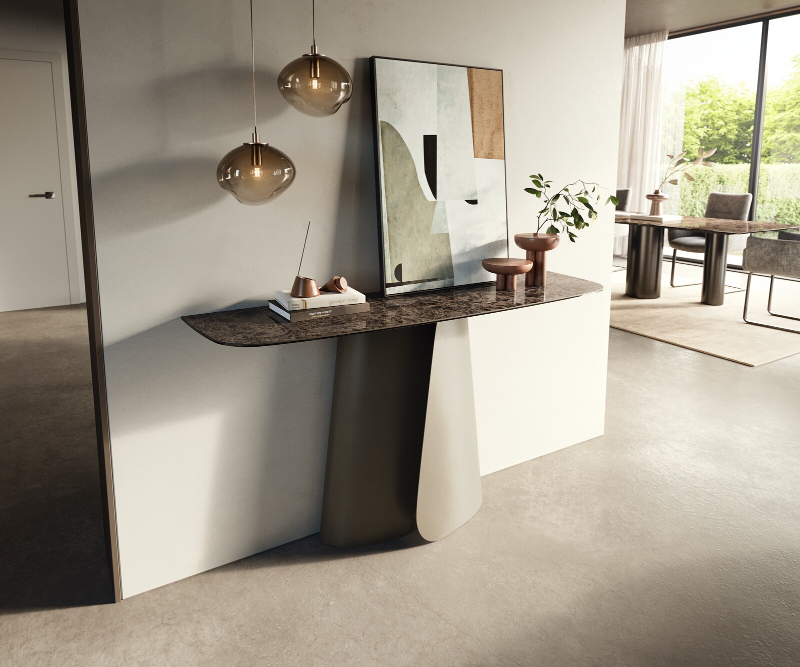 Consoletafel Edge Bootvorm 140x40 cm Keramiek Emperador Extra Lucidato Dunkelbraun Livos Metaal Effektfinish Titan 3