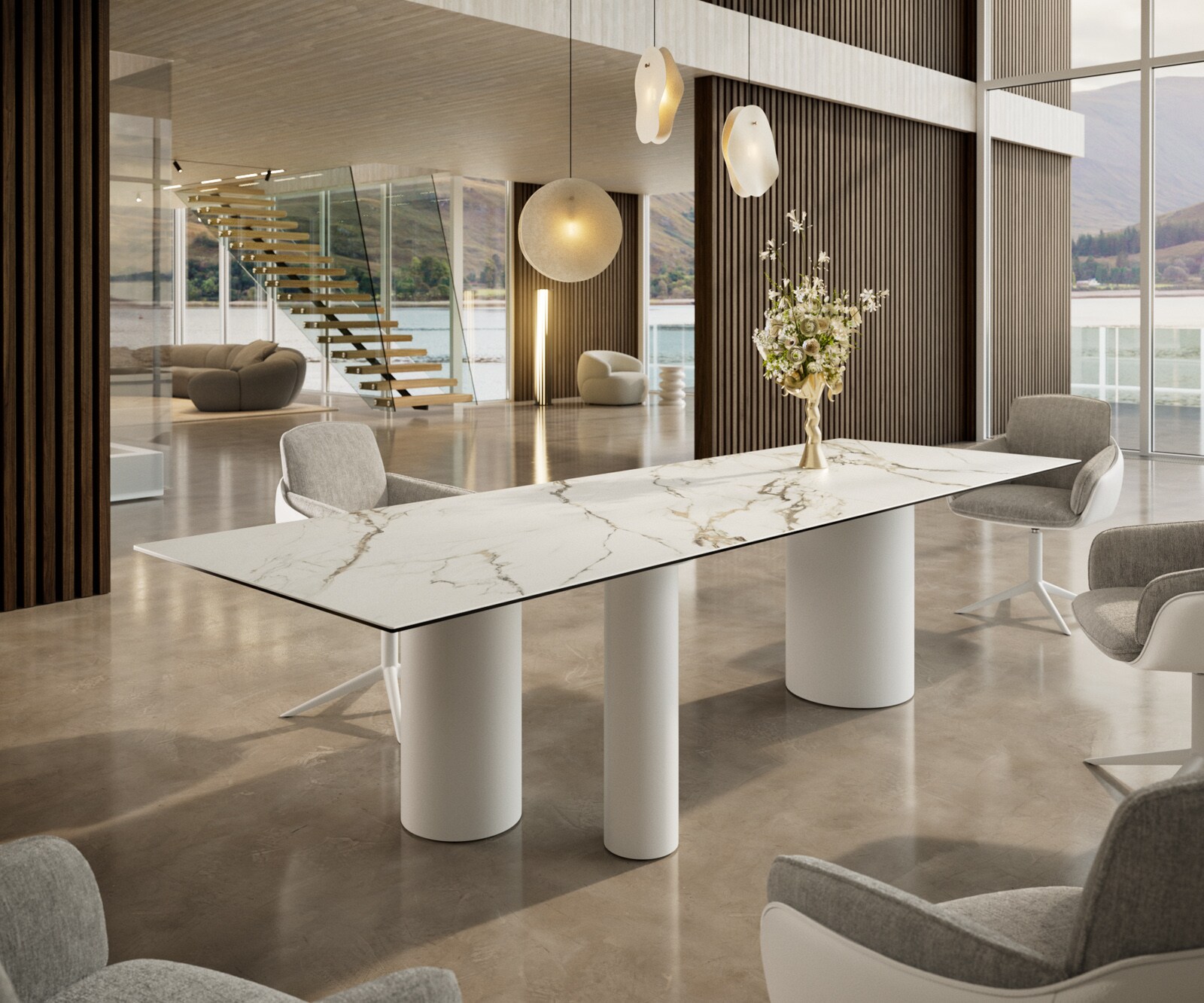 Eetkamertafel Edge 300x100 keramiek Calacatta Luxe wit-Gold-grijs Troa metaal wit 1