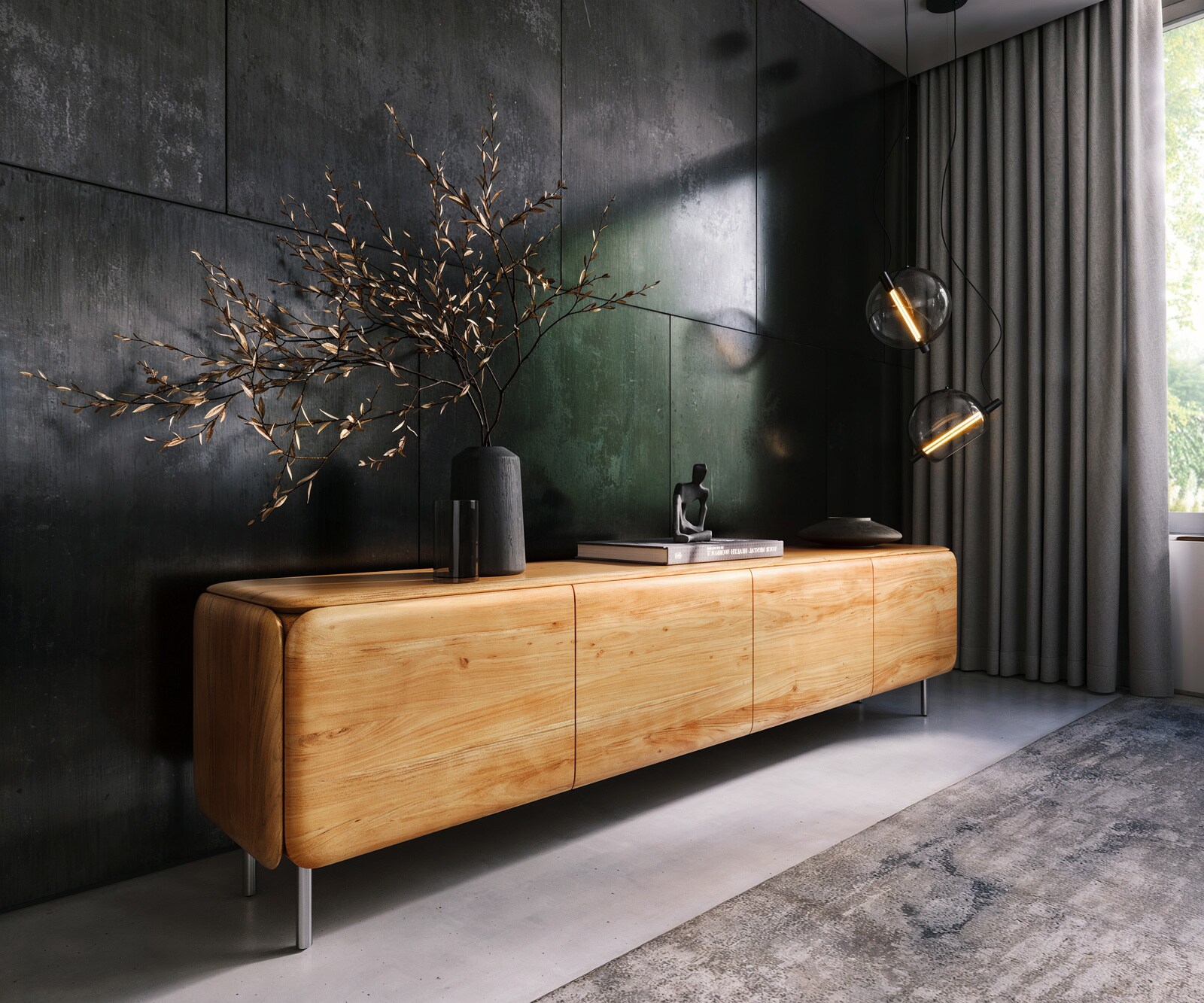 TV-meubel Shavani 220 cm acacia natuur 4 deuren Ronde voet RVS Zilver