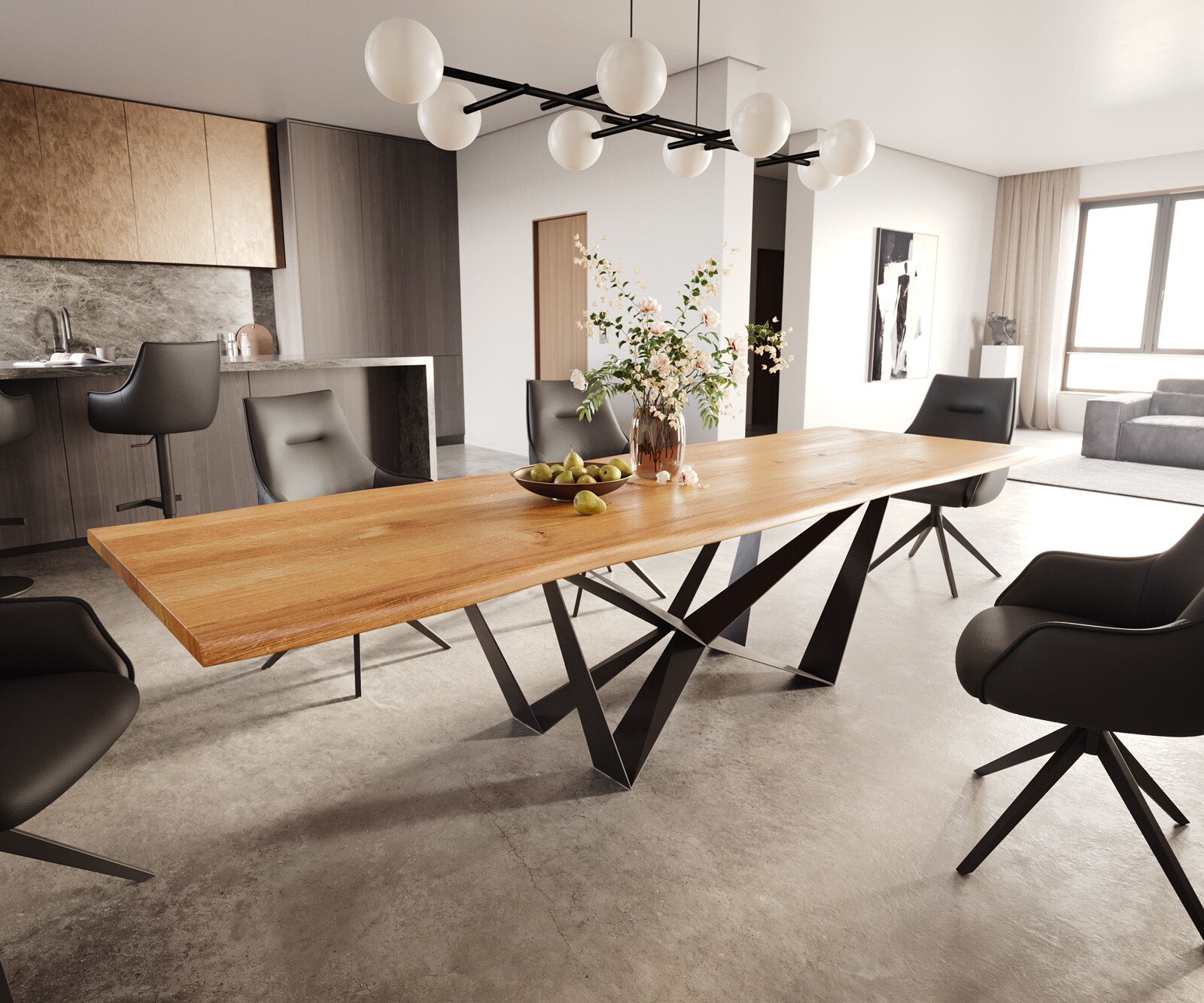 Eettafel Edge 300x100x4 eiken natuur Spider vlak staal zwart Live-Edge