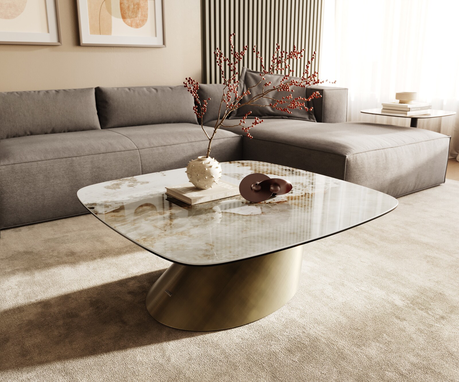Salontafel Edge Boot 90x90 cm keramiek Minas Melange Conis metallic goud 1