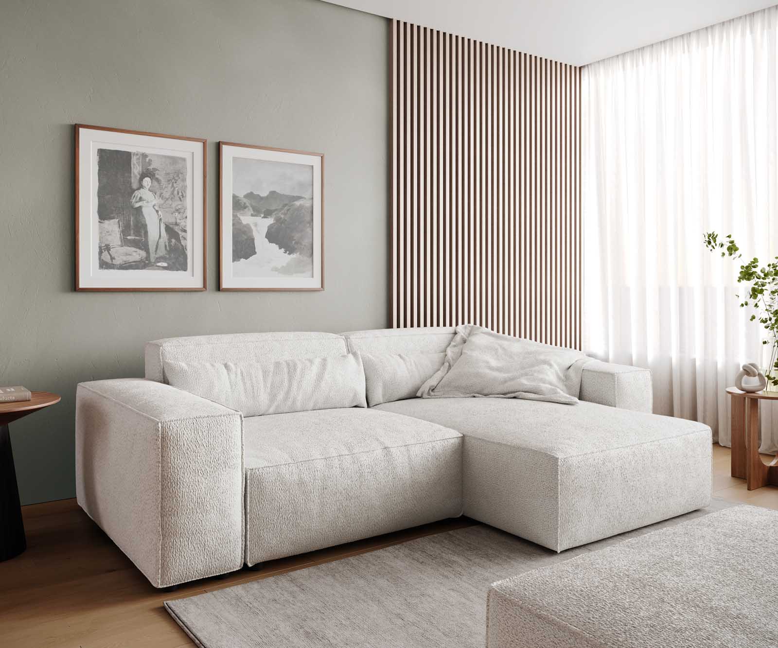 Hoekbank Sirpio 230x155 cm bouclee cream-white recamiere variabel met kruk