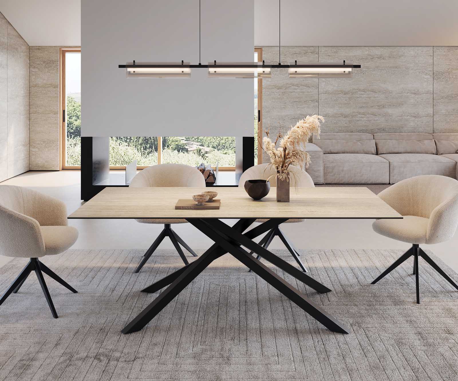 Eetkamertafel Edge 200x100 keramiek Travertin natuur kruisframe rechthoek zwart 2