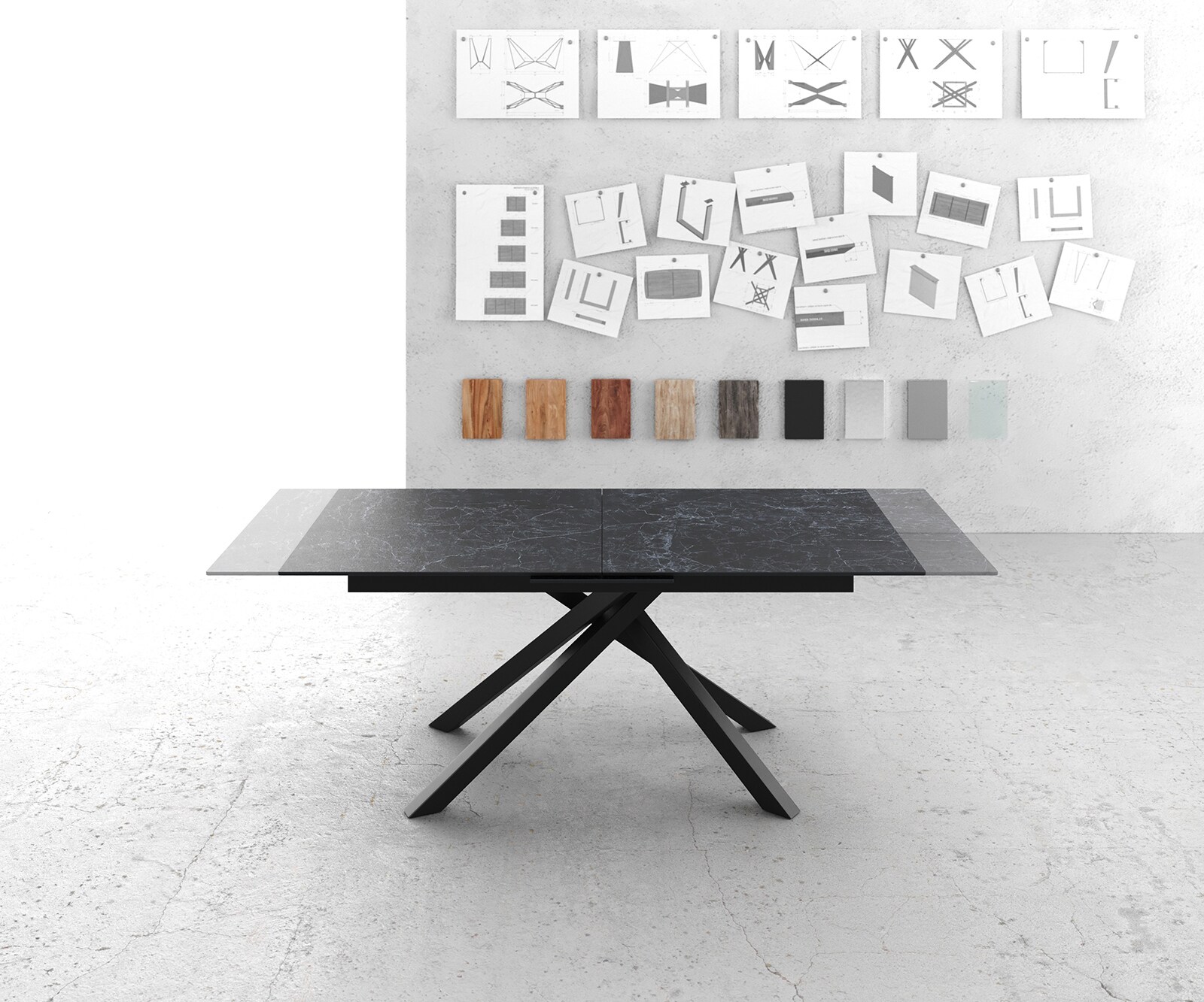 Eettafel Edge 180-220x100cm Laminam® keramiek grijs middenpoot kruis zwart 5