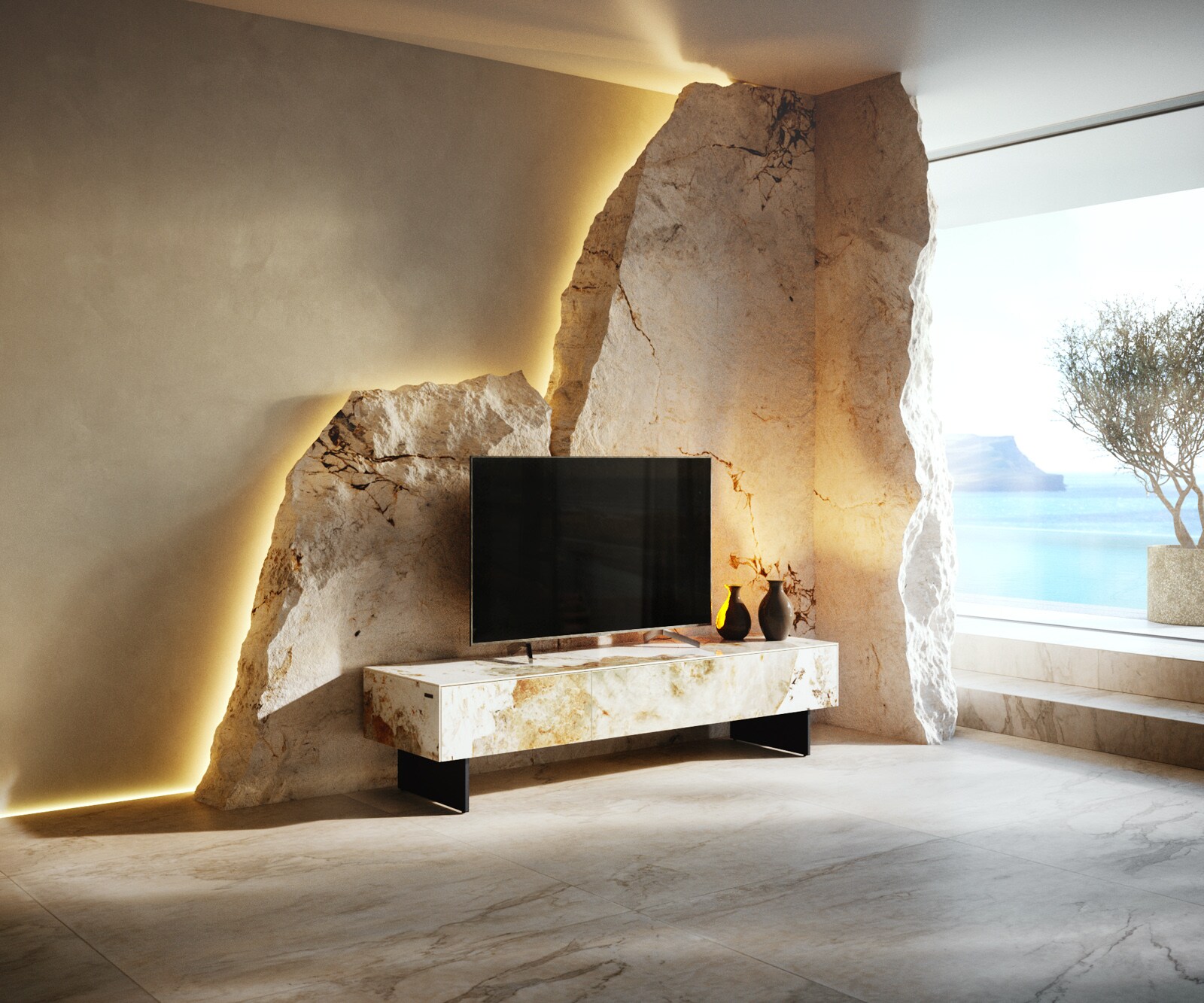 Tv-meubel Cuor 150 cm Keramiek Minas Melange Wit-beige 1 Flap 1 Lade Zwevende voet look Metaal Zwart 1