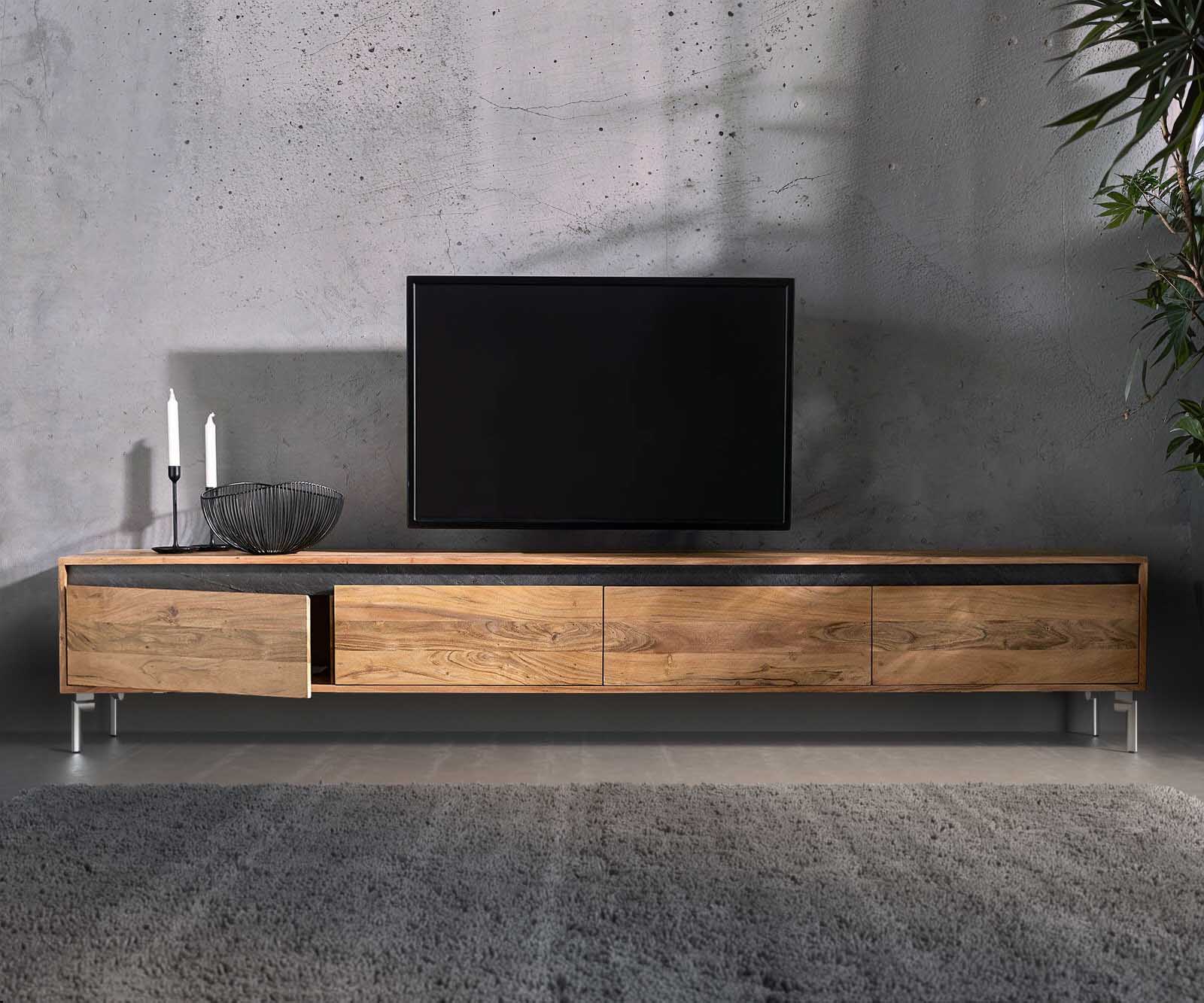 Lowboard Stonegrace 240 cm Acacia Natuur 4 Deuren Voet Ovaal Roestvrij Staal 3