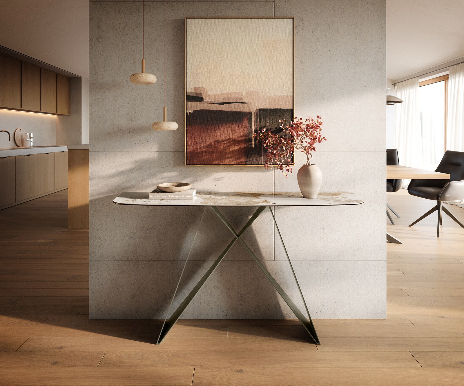 Consoletafel Edge Bootvorm 140x40 cm Keramiek Minas Melange Weiß-Beige Velio Metaal Effektfinish Titan 1