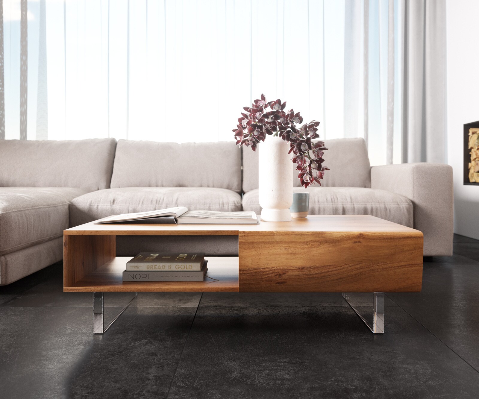 Salontafel New Live-Edge 115x60 cm acacia natuur 2 schuiflade 1 vak acrylpootjes  1