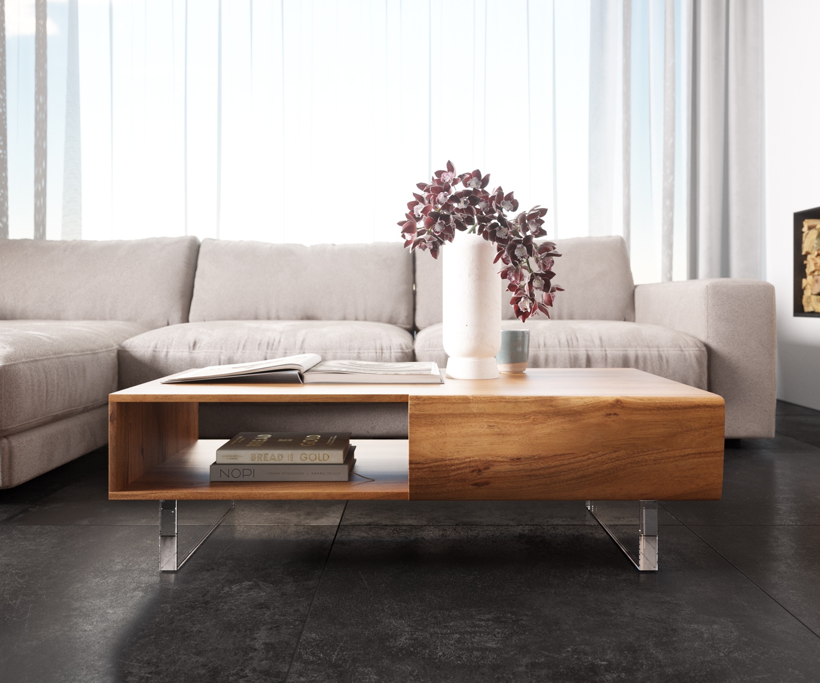 Salontafel New Live-Edge 115x60 cm acacia natuur 2 schuiflade 1 vak acrylpootjes  1 Salontafel New Live-Edge 115x60 cm acacia natuur 2 schuiflade 1 vak acrylpootjes  1