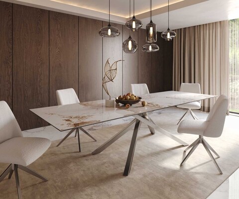 Eetkamertafel Edge 300x100 keramiek Minas Melange wit-beige kruisframe rechthoek RVS