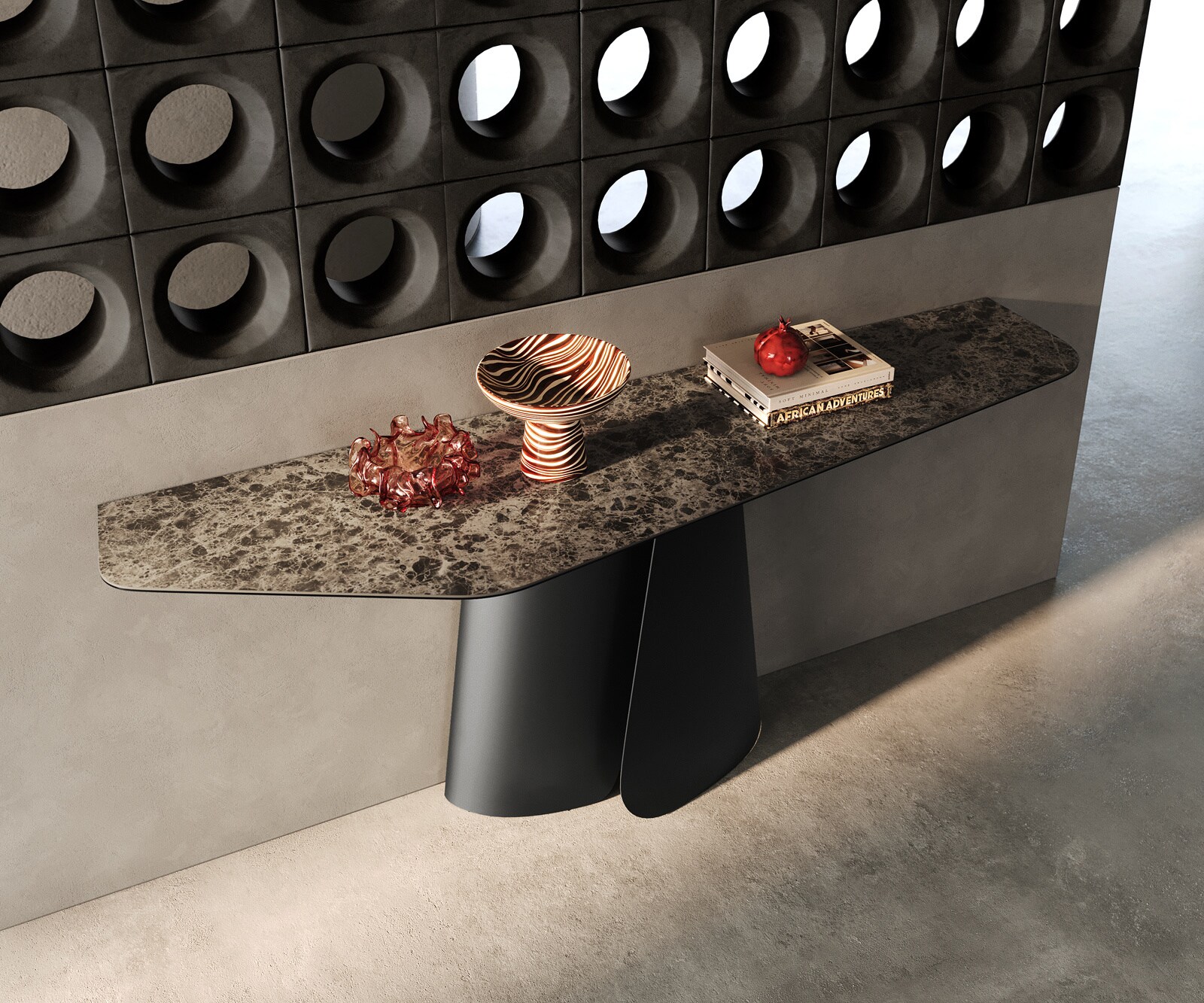 Consoletafel Edge Polygonaal 180x50 cm Keramiek Emperador Extra Lucidato Dunkelbraun Livos Metaal Zwart 2