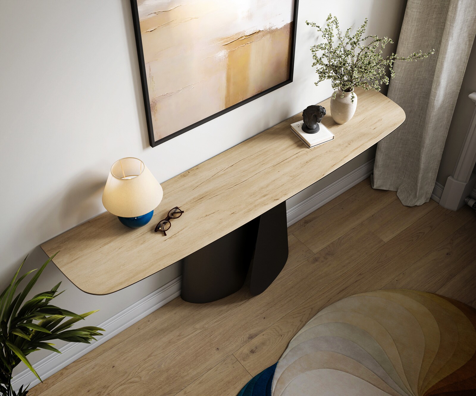 Consoletafel Edge Bootvorm 180x40 cm Keramiek Laminam® Sabbia Eichefarbig Livos Metaal Zwart 2