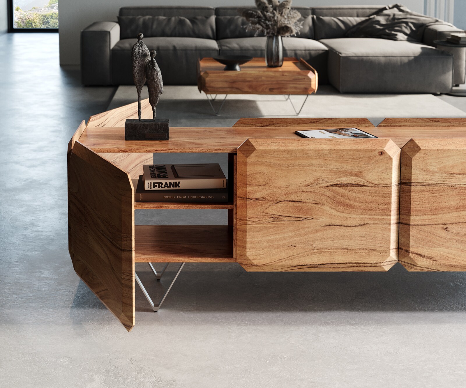 Lowboard Kiano 220 cm Acacia Natuur 4 Deuren V-voet Edelstaal Roomdivider 5 Lowboard Kiano 220 cm Acacia Natuur 4 Deuren V-voet Edelstaal Roomdivider 5