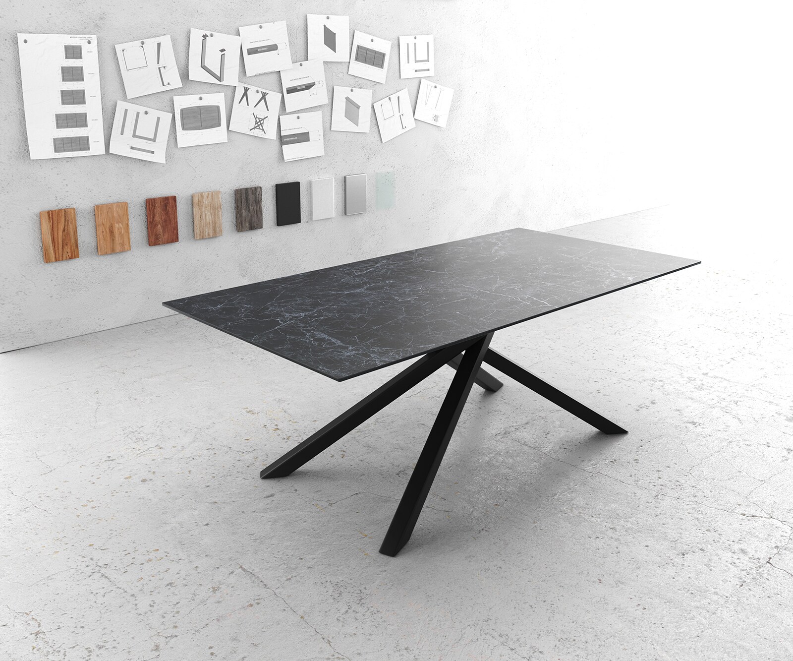 Eettafel Edge 200x100cm Laminam® keramiek grijs middenpoot kruis zwart