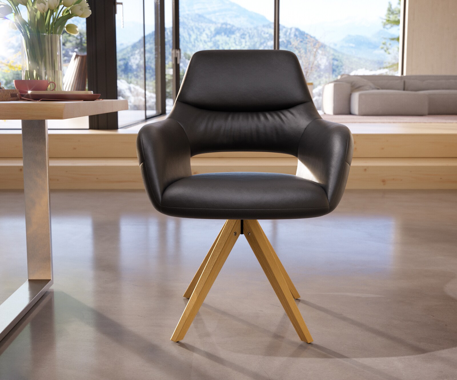 Eetkamerstoel Yago-Flex met armleuning echt leer zwart houten frame hoekig natuur pocketveer kern 1 Eetkamerstoel Yago-Flex met armleuning echt leer zwart houten frame hoekig natuur pocketveer kern 1