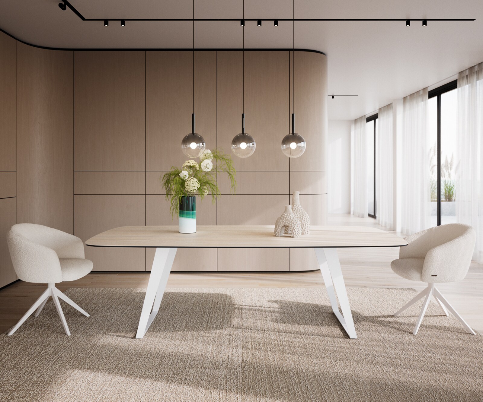 Eetkamertafel Edge Boot 240x120 cm Keramiek Travertin Natuur Metaal Schuin Wit 2