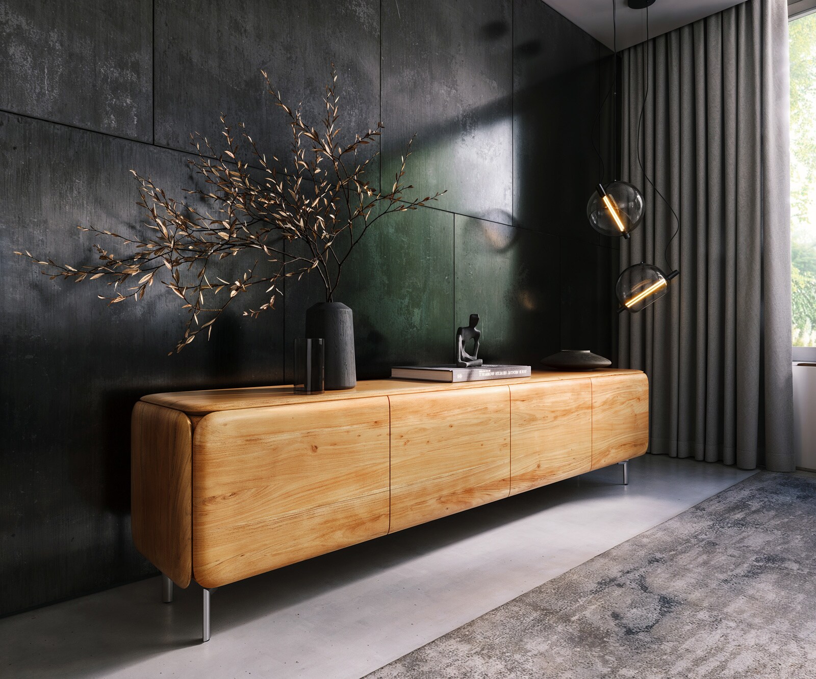 TV-meubel Shavani 220 cm acacia natuur 4 deuren poot ovaal RVS
