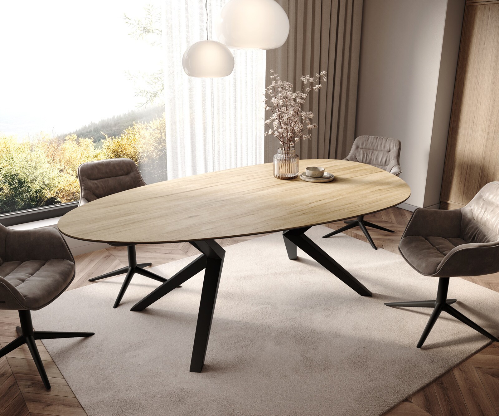 Eetkamertafel Edge ovaal 220x120 keramiek Laminam® Sabbia eiken kleur Zenthara hoekig metaal zwart 1