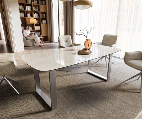 Eettafel Edge boot 200x100 cm keramiek Onyx Champagne roestvrij staal breed