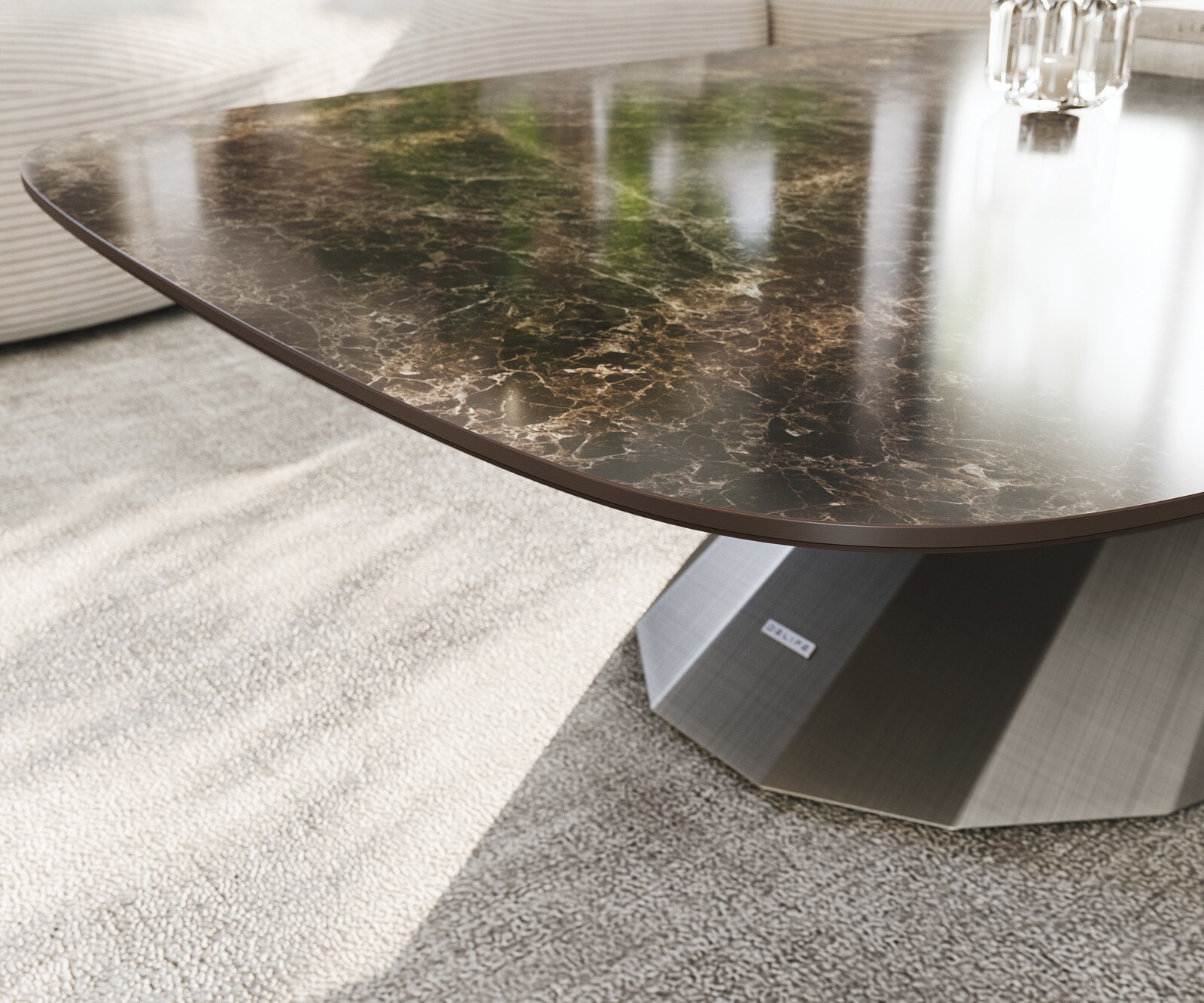 Salontafel Edge bootvorm 140x80 cm keramiek Emperador Extra Lucidato donkerbruin Parabi metallic zilver 6