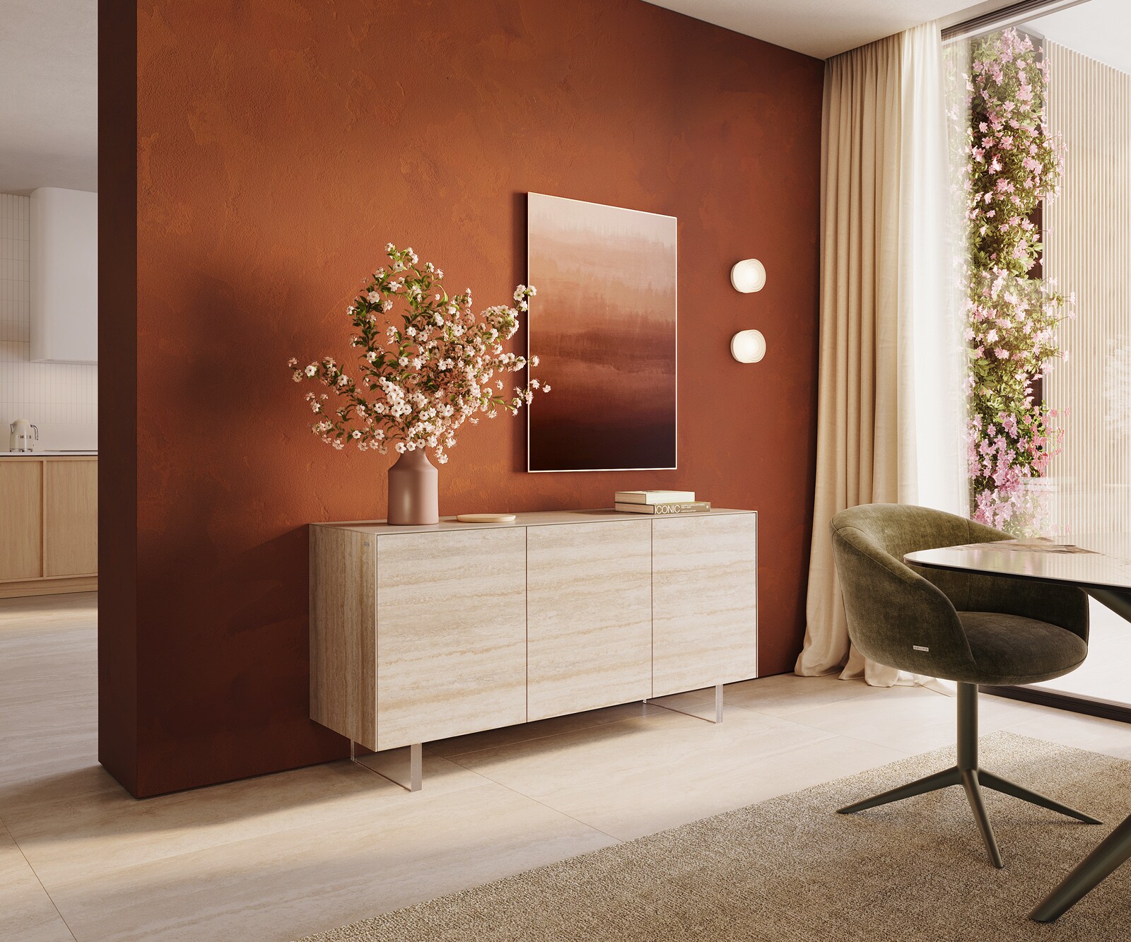 Dressoir Cuor 150 cm Keramiek Laminam® Travertino Bianco Crème-wit 3 Deuren Zwevende voet look Acrylglas 1