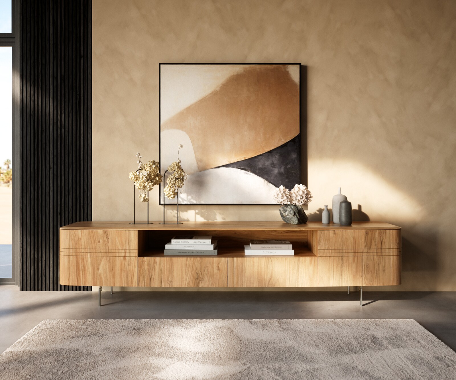 Tv-meubel Nagaru 240 cm acacia aura 2 deuren 2 laden 1 vak Onderstel ovaal roestvrij staal 2