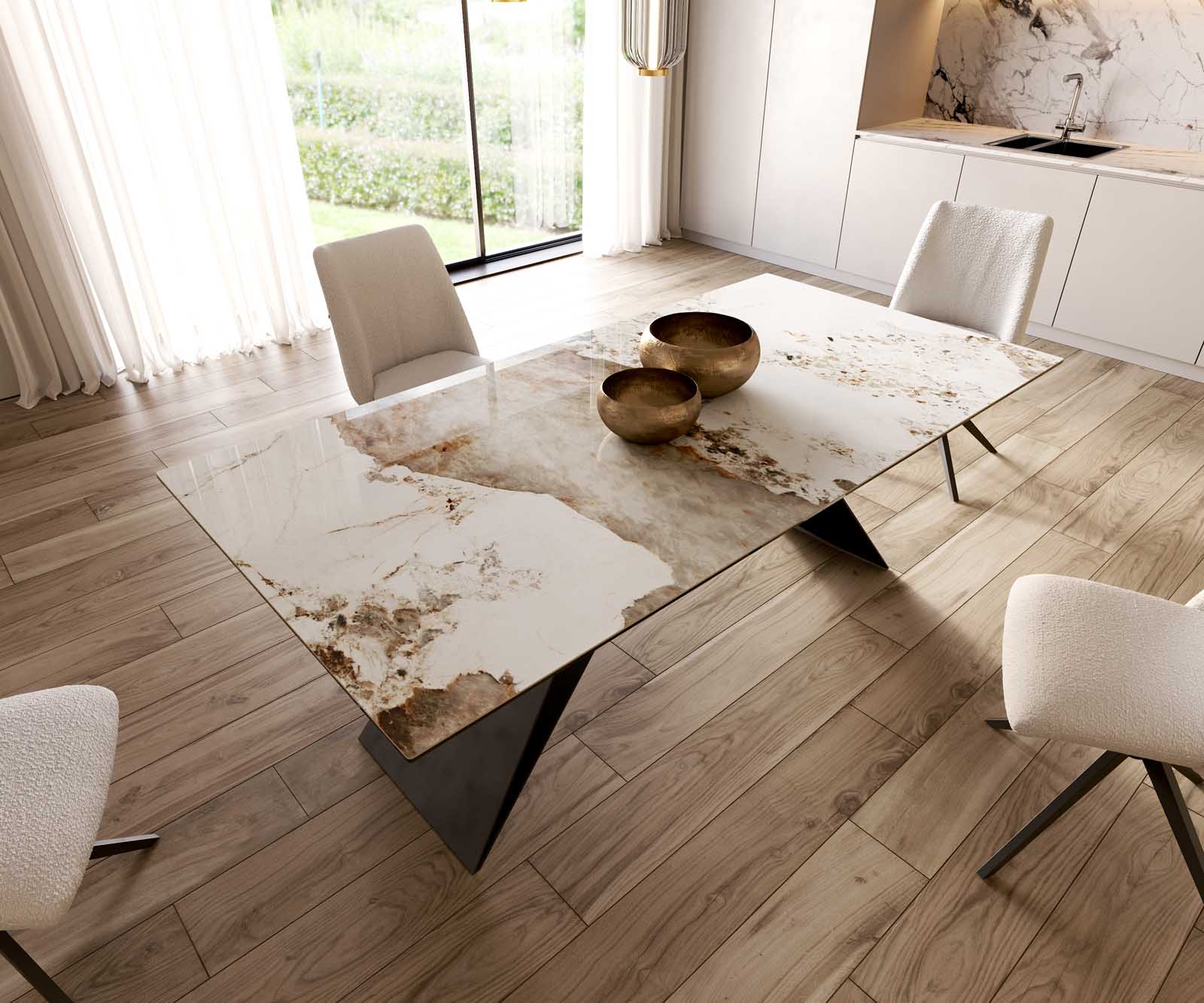 Eetkamertafel Edge 200x100 keramiek Minas Melange wit-beige V-frame vlak staal zwart 5