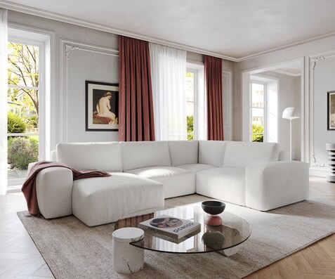 Woonlandschap Lanzo 300x210 cm bouclé crème-wit met variabele recamière