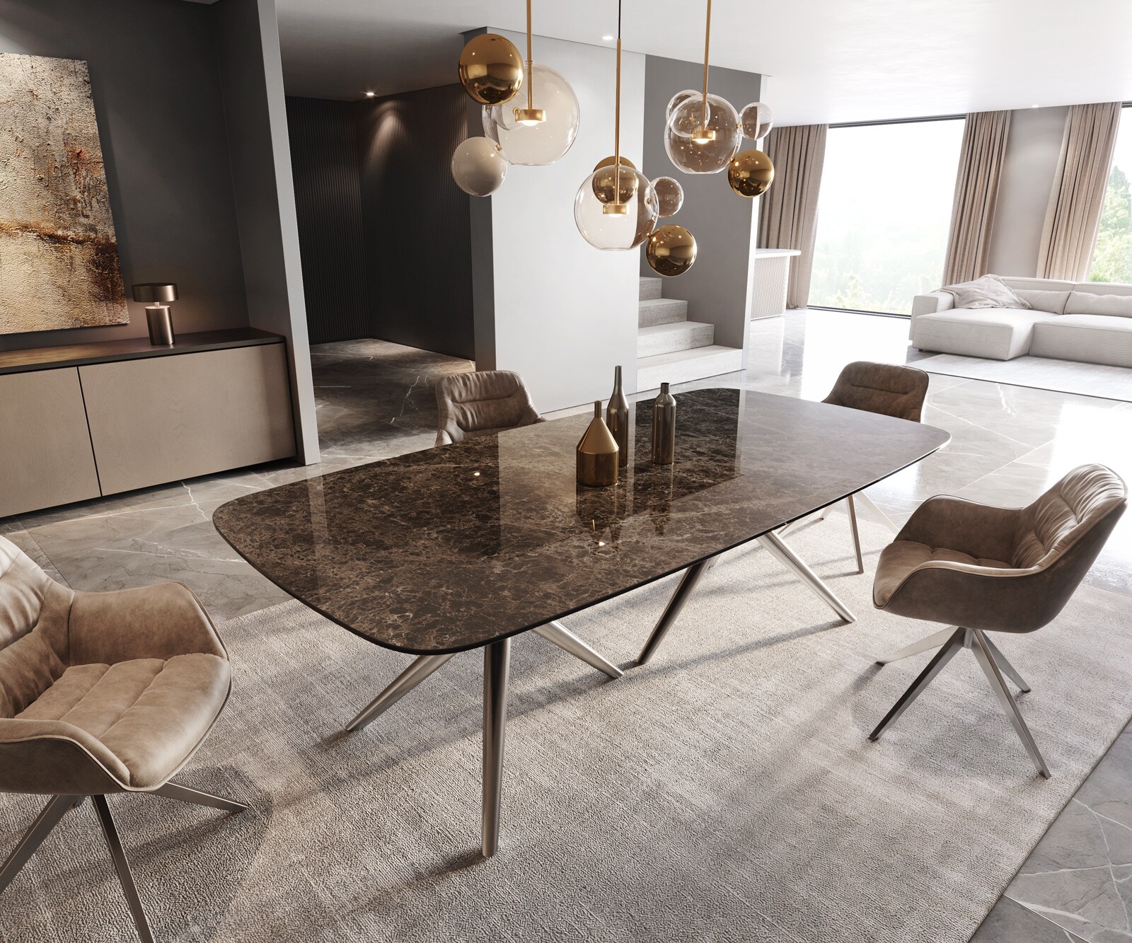 Eettafel Edge Boot Keramiek Emperador Extra Lucidato Donkerbruin 240x120 Estelar rond Roestvrij staal