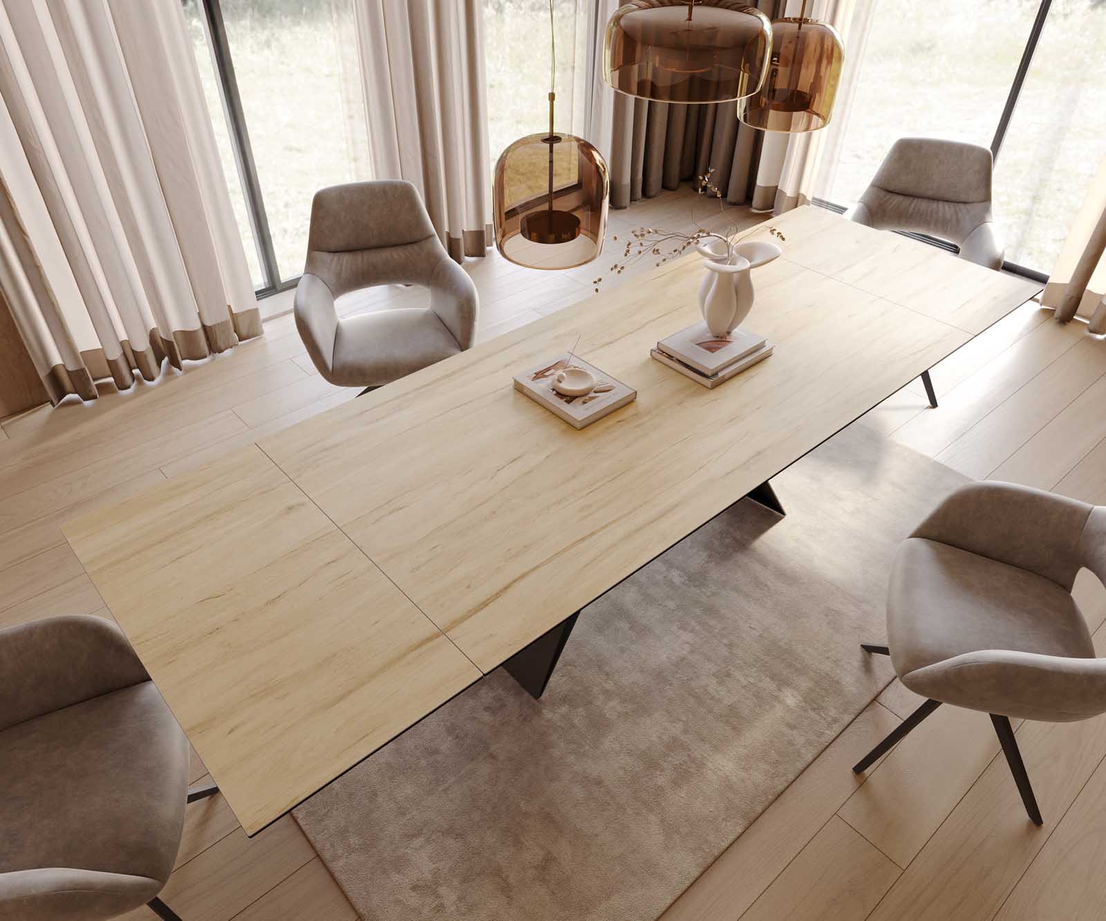 Eetkamertafel Edge 200-300x100 keramiek Laminam® Sabbia eiken kleur V-frame vlak staal zwart uitschuifbaar 3