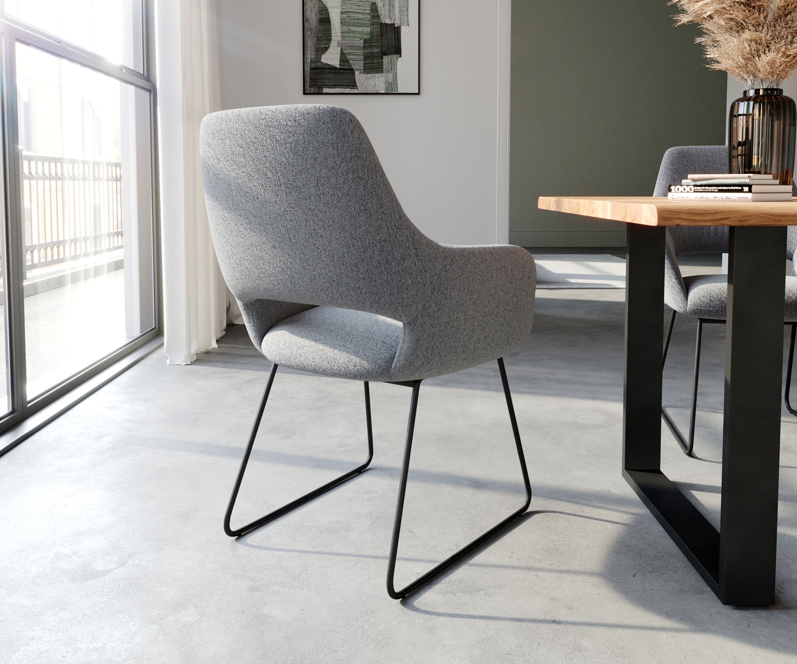 Eetkamerstoel Yago-Flex met armleuning structuurstof lichtgrijs slipframe zwart pocketveer kern 4 Eetkamerstoel Yago-Flex met armleuning structuurstof lichtgrijs slipframe zwart pocketveer kern 4