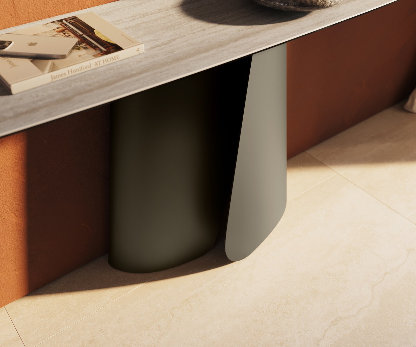 Consoletafel Edge Bootvorm 180x40 cm Keramiek Laminam® Travertino Bianco Creme-Weiß Livos Metaal Effektfinish Titan 6