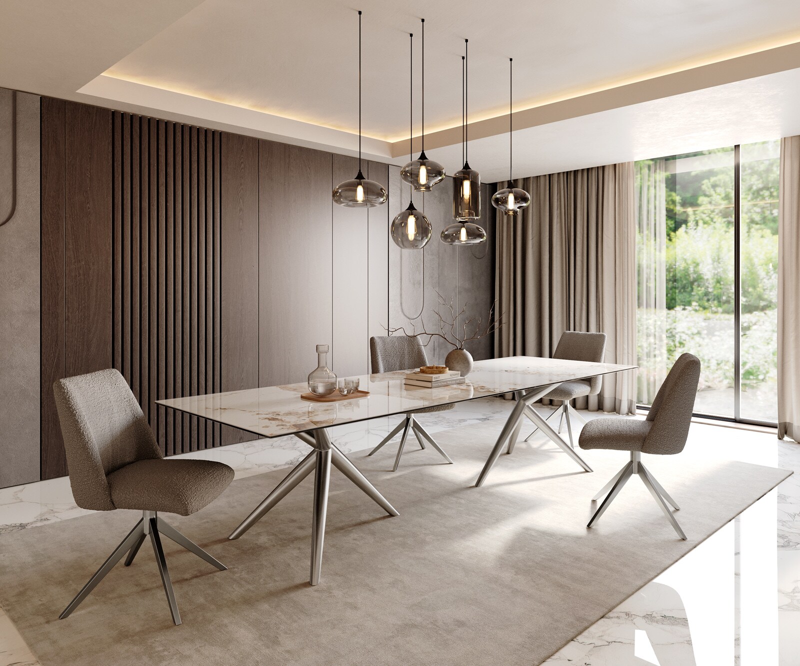 Eetkamertafel Edge 300x100 keramiek Minas Melange wit-Beige Estelar rond  roestvrij staal 5