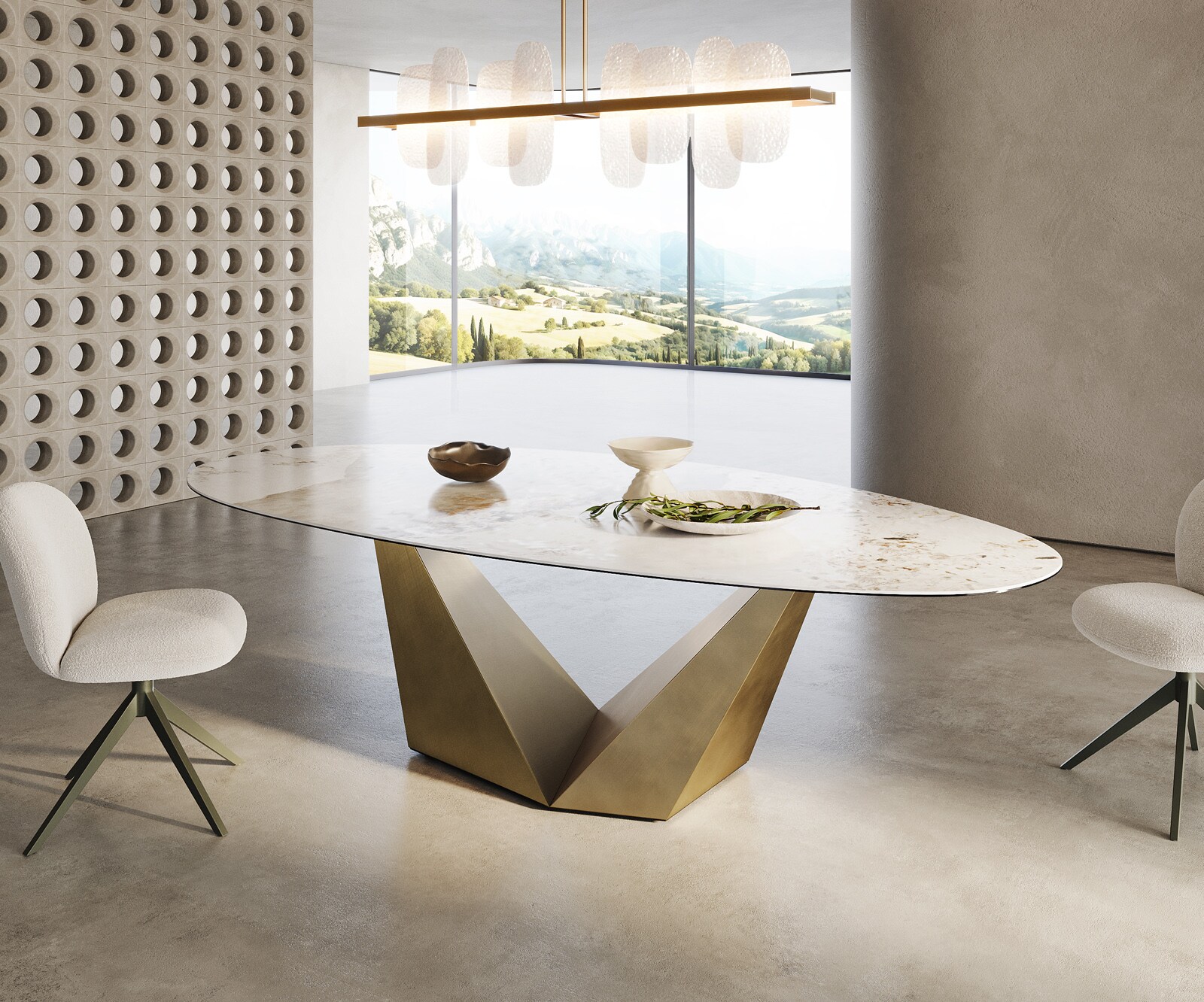Eettafel Edge Oval 280x130 keramiek  Minas Melange wit-beige  Prisma metaal goud 3