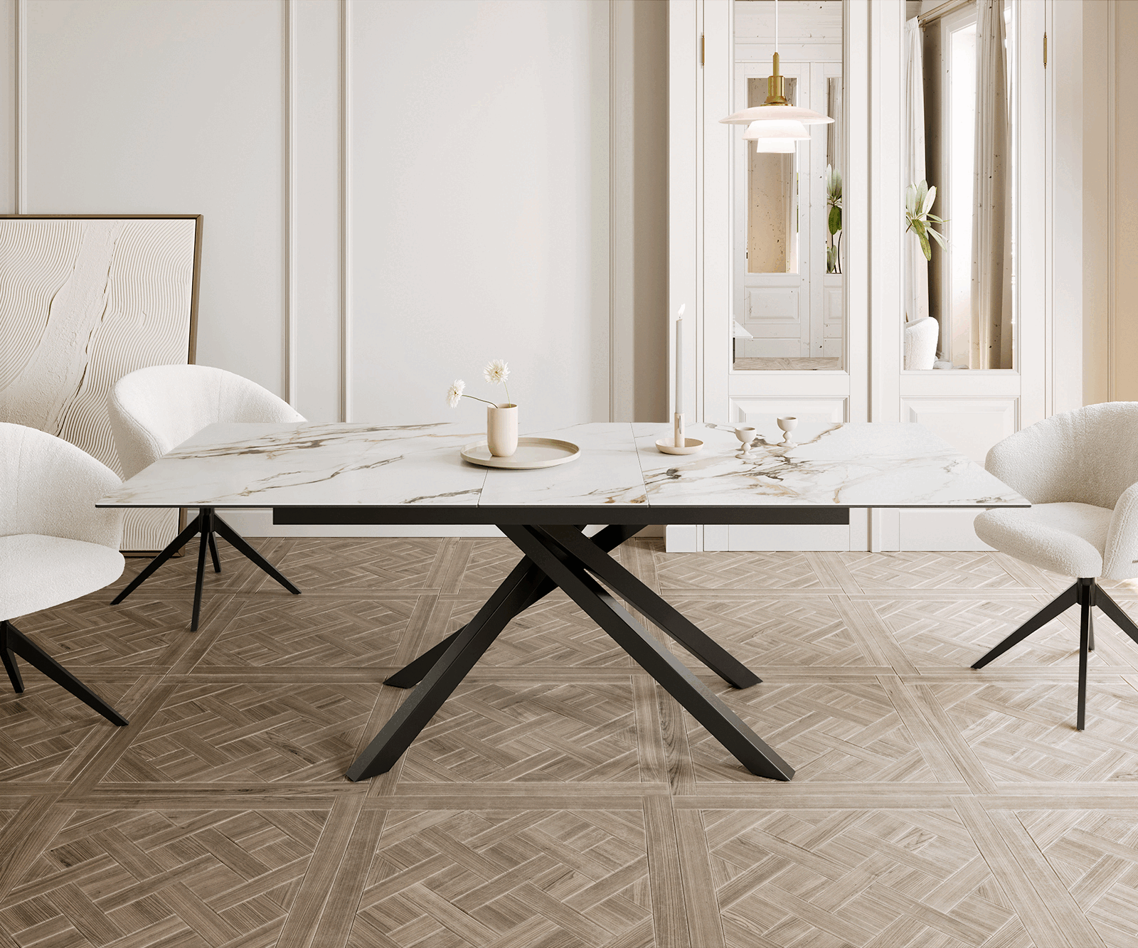 Eetkamertafel Edge 180-220x100 keramiek Calacatta Luxe wit-goud-grijs kruisframe rechthoek zwart uitschuifbaar 1