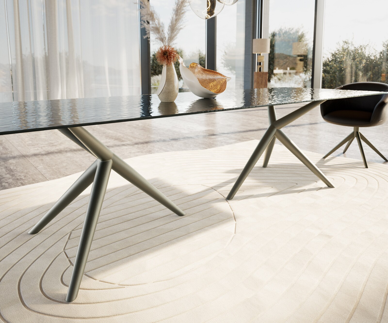 Eettafel Edge 300x100 Reliefglas zwart 3D-Design Estelar rond  metaal effectafwerking titaan 4