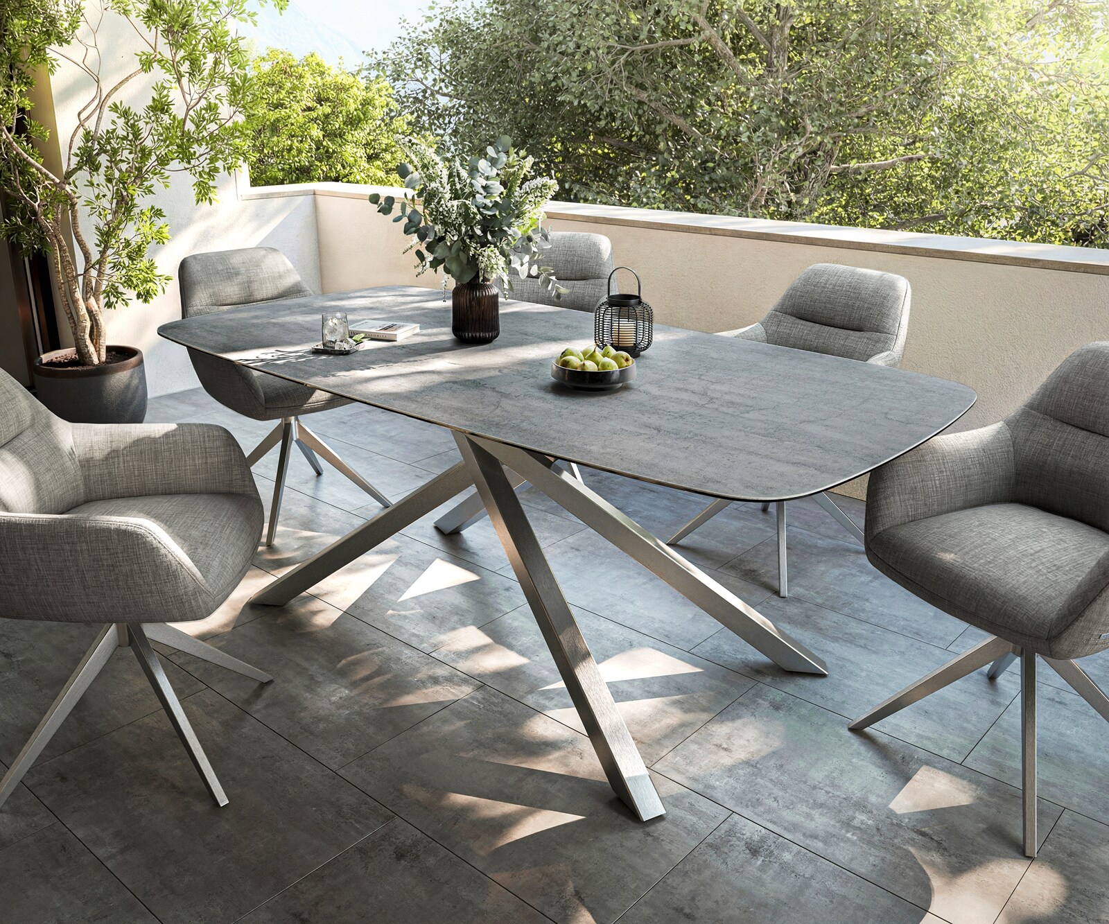 Outdoortafel Edge boot 200x100 cm keramiek beton grijs kruisframe rechthoekig roestvrij staal 2