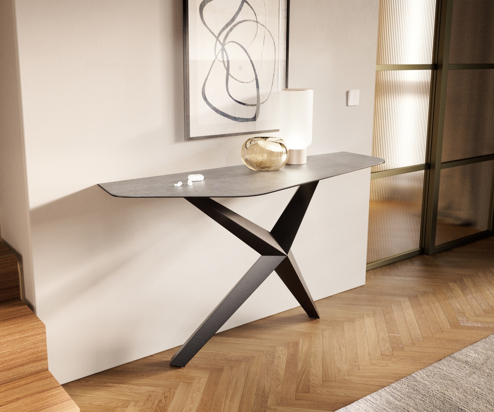 Consoletafel Edge Polygonaal 140x50 cm Keramiek Betongrijs Zentharo Metaal Zwart 4