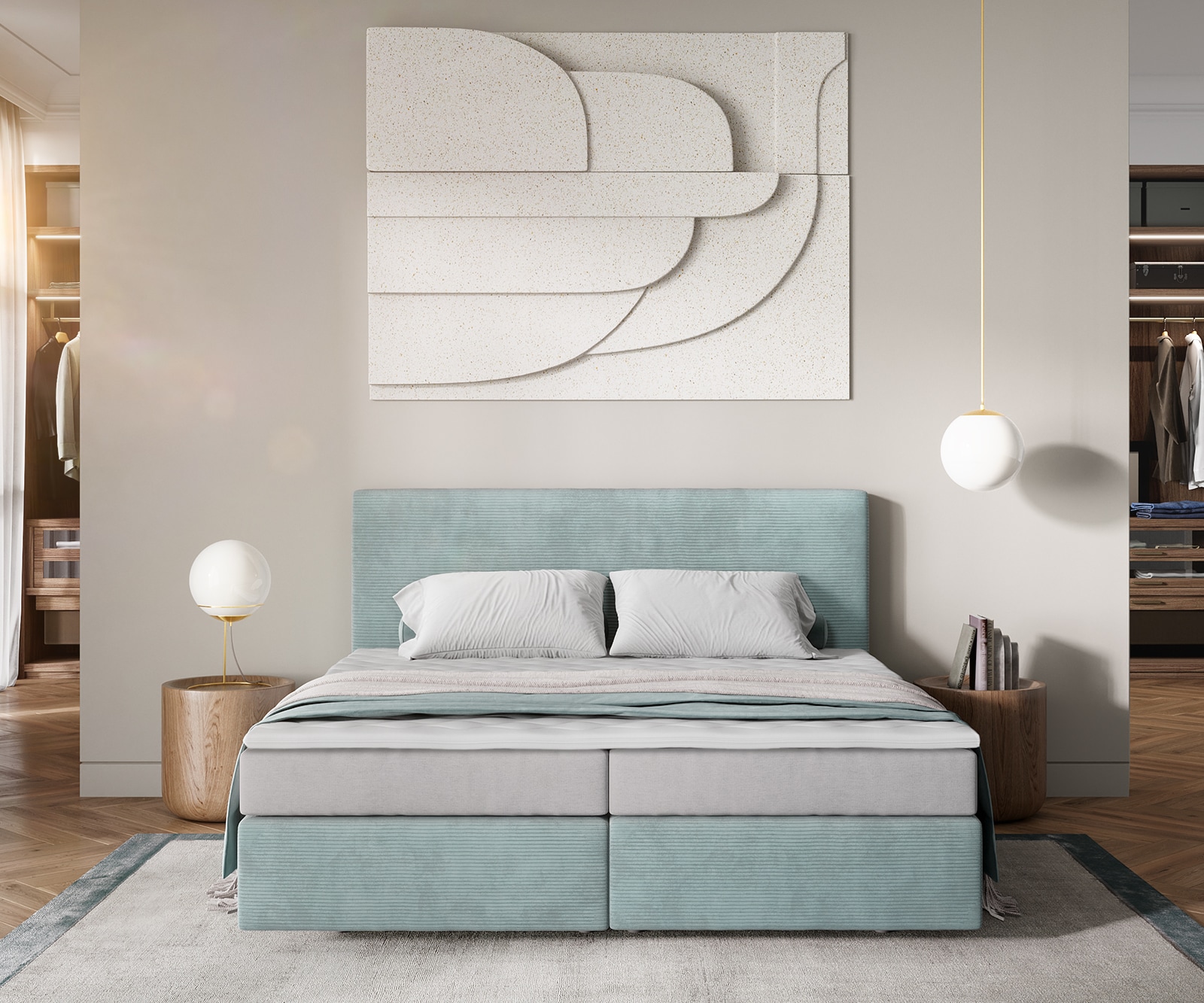 Boxspringbed Dream-Well 180x200 cm Cord Pastelblauw met Pocketveringmatras en Topper Visco 1 Boxspringbed Dream-Well 180x200 cm Cord Pastelblauw met Pocketveringmatras en Topper Visco 1
