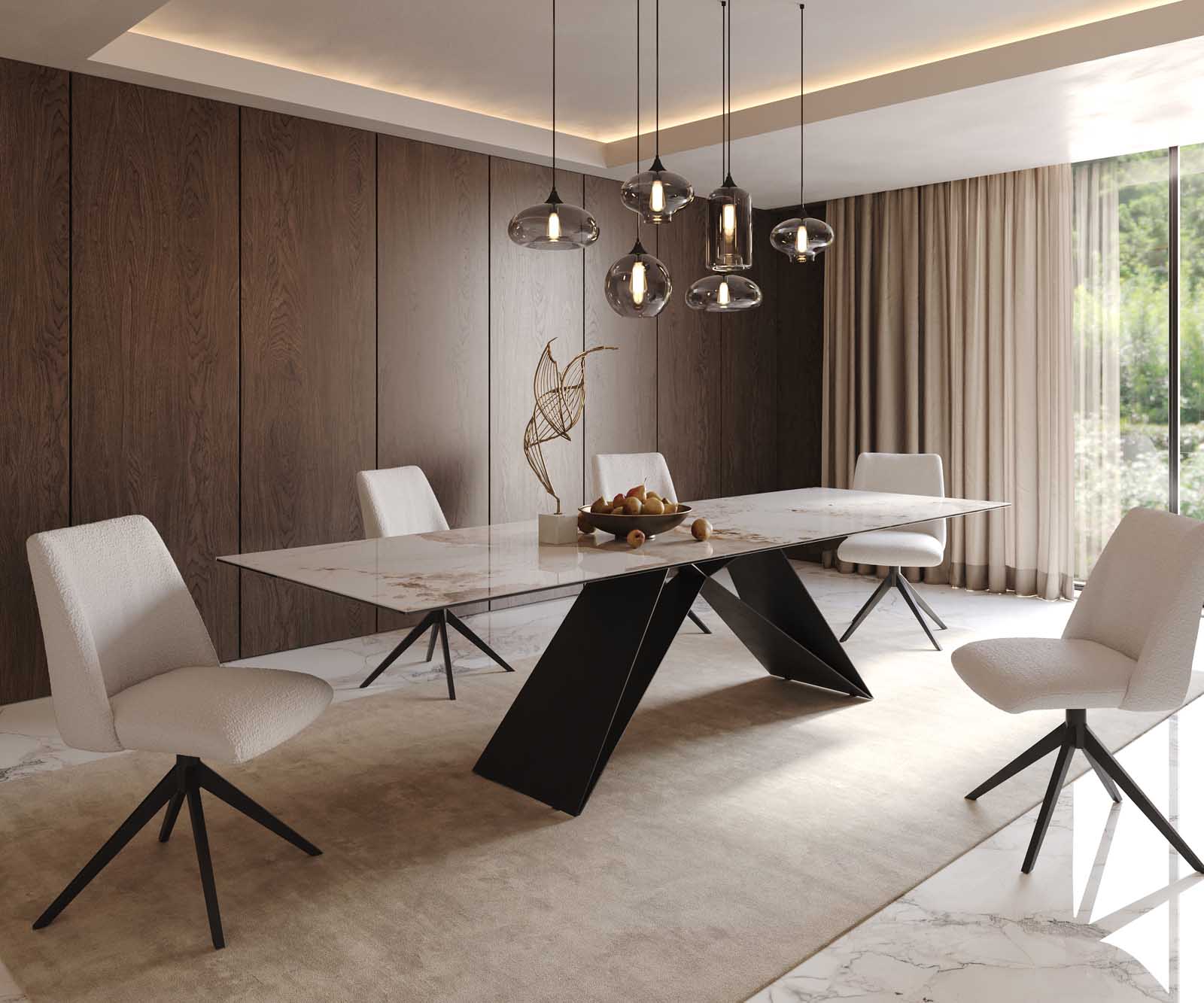 Eetkamertafel Edge 300x100 keramiek Minas Melange wit-beige V-frame vlak staal zwart 8