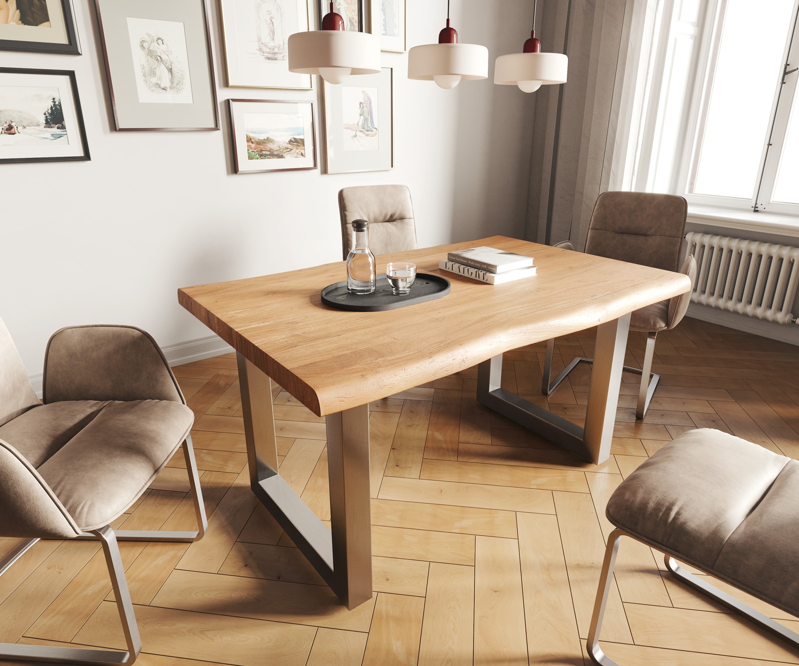 Eettafel Edge 140x90 XL acacia natuur roestvrijstaal breed Live-Edge Eettafel Edge 140x90 XL acacia natuur roestvrijstaal breed Live-Edge