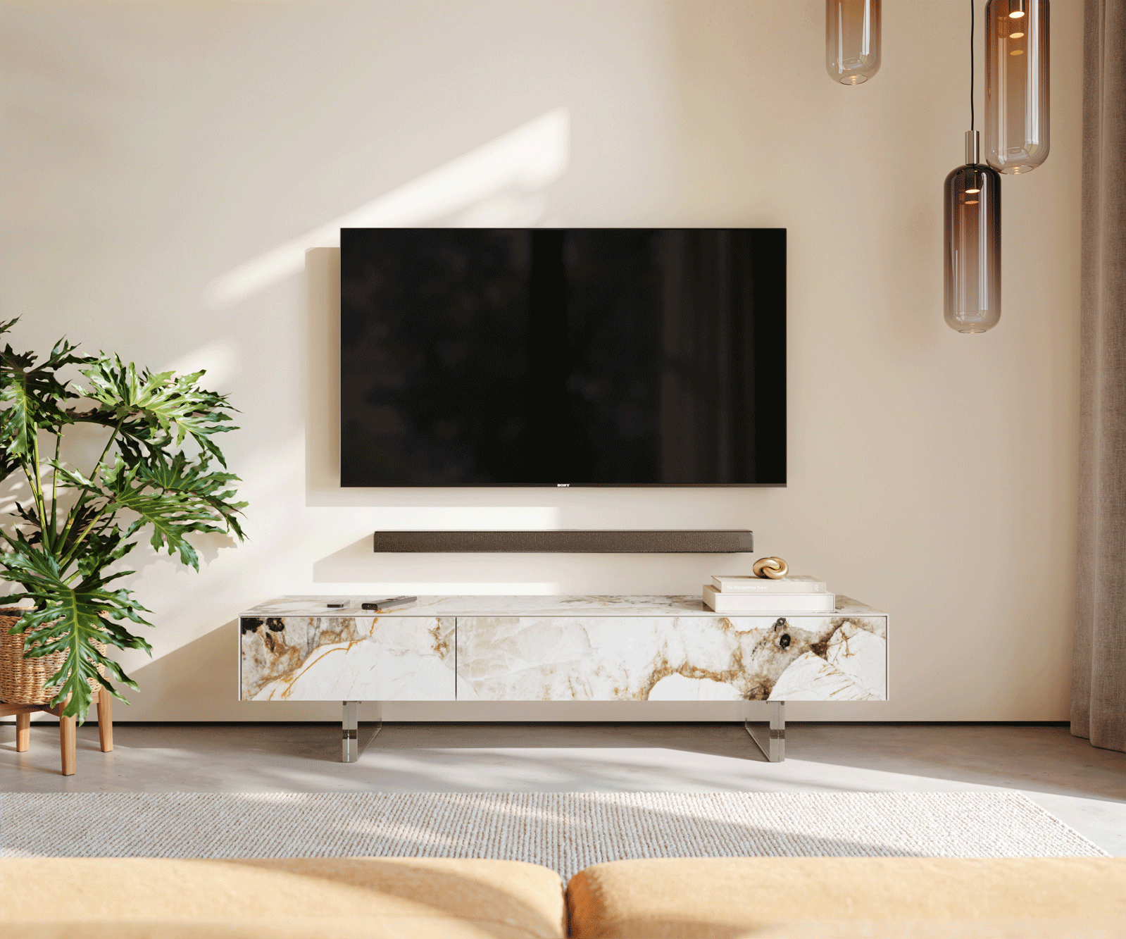 Tv-meubel Cuor 150 cm Keramiek Patagonia gepolijst 1 Flap 1 Laden Zwevende voet look Acrylglas 2