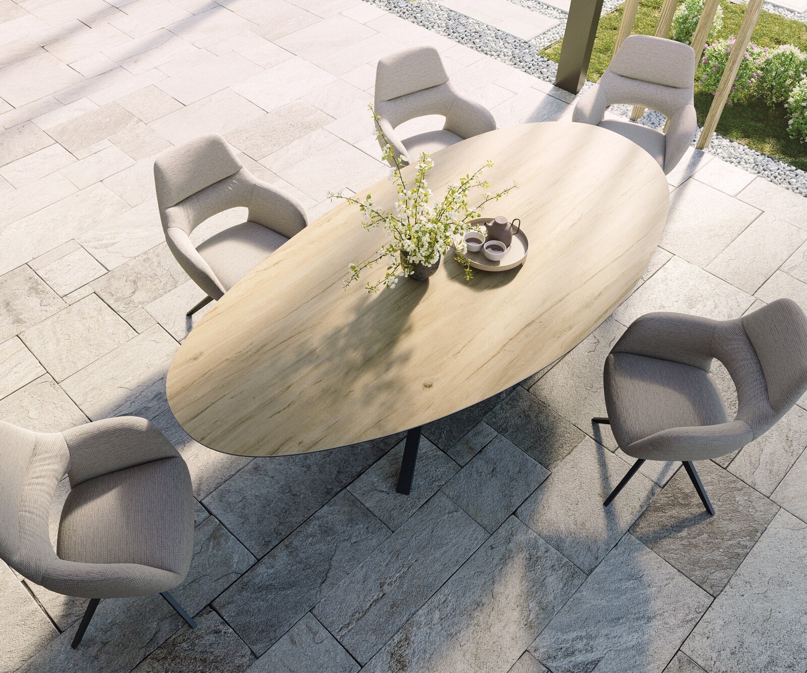 Outdoortafel Edge Ovaal 280x130 cm keramiek Laminam® Sabbia eikenkleurig kruispoot rechthoekig zwart 3