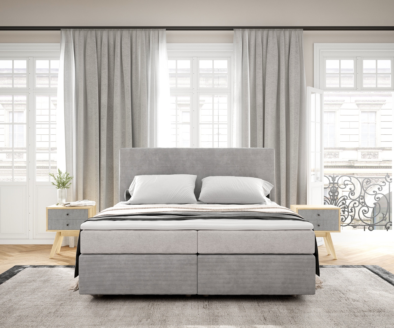 Boxspringbed Dream-Well 160x200 cm Cord Zilvergrijs met Pocketveringmatras en Topper Visco 1 Boxspringbed Dream-Well 160x200 cm Cord Zilvergrijs met Pocketveringmatras en Topper Visco 1