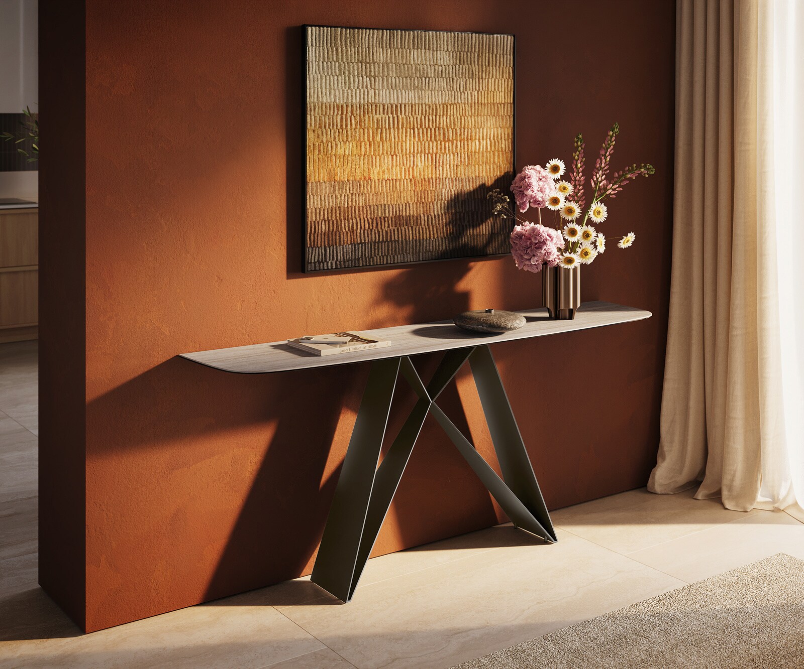 Consoletafel Edge Bootvorm 180x40 cm Keramiek Laminam® Travertino Bianco Creme-Weiß Velio Metaal Effektfinish Titan 2