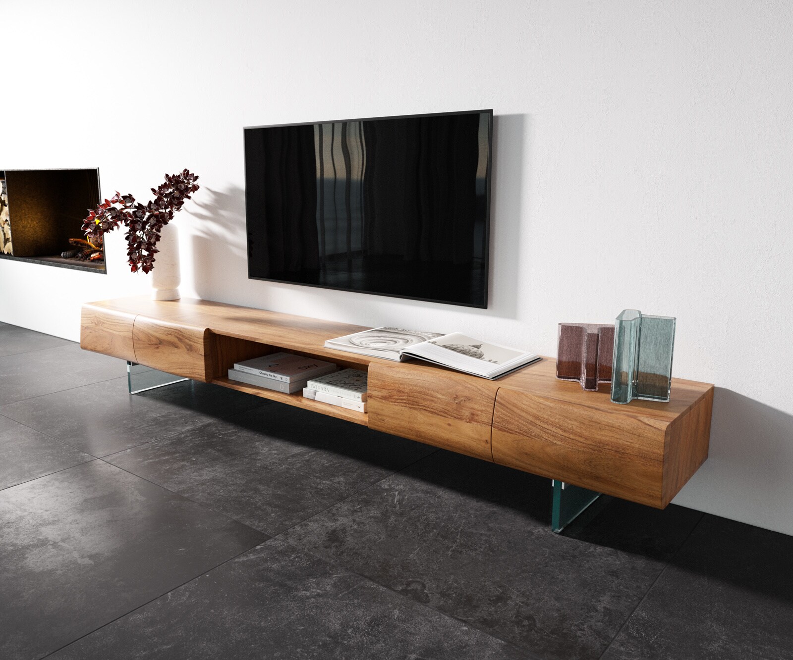 TV-meubel  New Live-Edge 240 cm acacia natuur 4 deuren 1 vak glazen poot