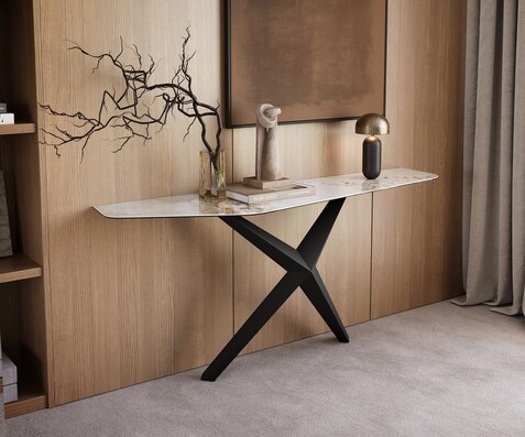 Consoletafel Edge Polygonaal 180x50 cm Keramiek Minas Melange Weiß-Beige Zentharo Metaal Zwart