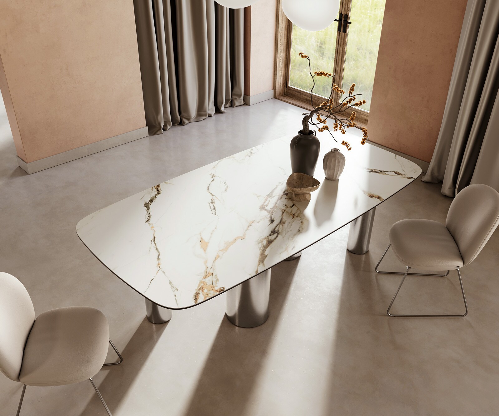 Eettafel Edge boot 240x120cm keramiek Calacatta Luxe wit-goud-grijs pilier roestvrij staal 4